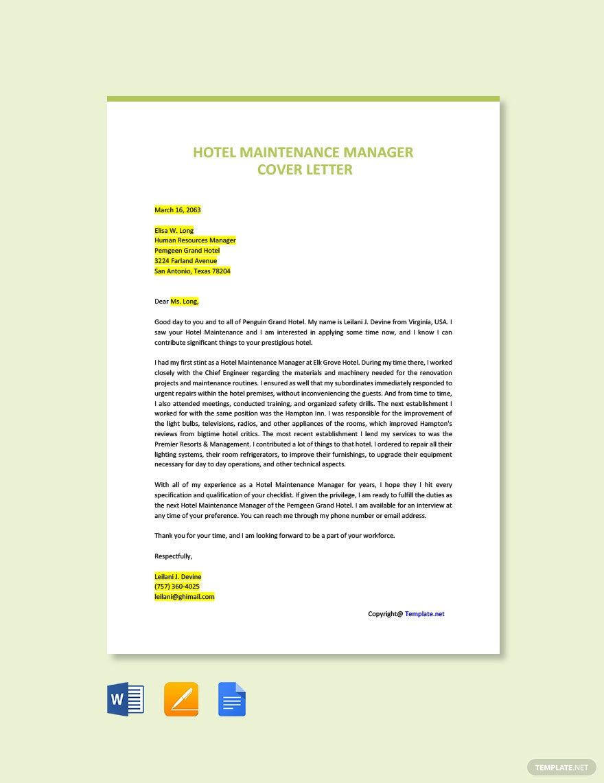 Hotel Maintenance Manager Cover Letter Template