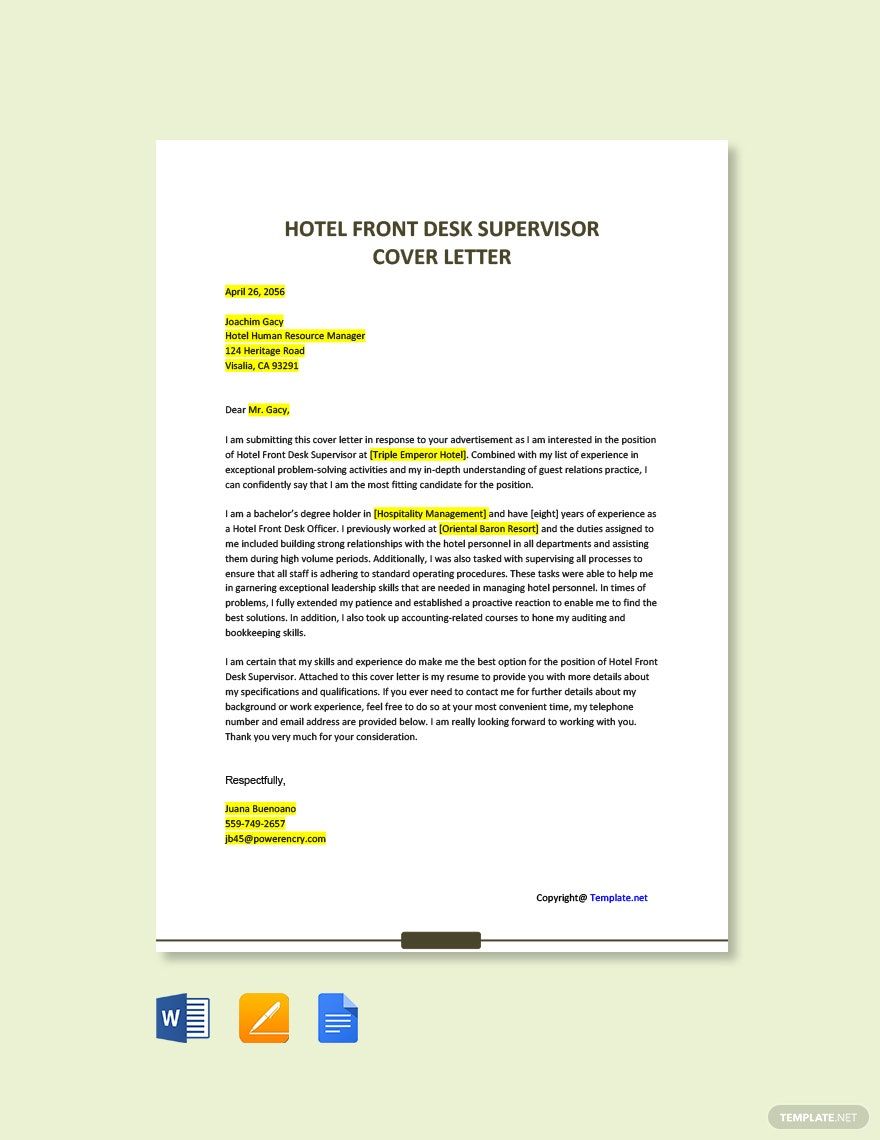 Hotel Front Desk Supervisor Cover Letter Template