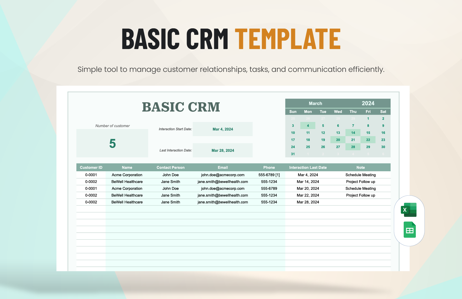 Basic CRM Template in Excel, Google Sheets - Download | Template.net