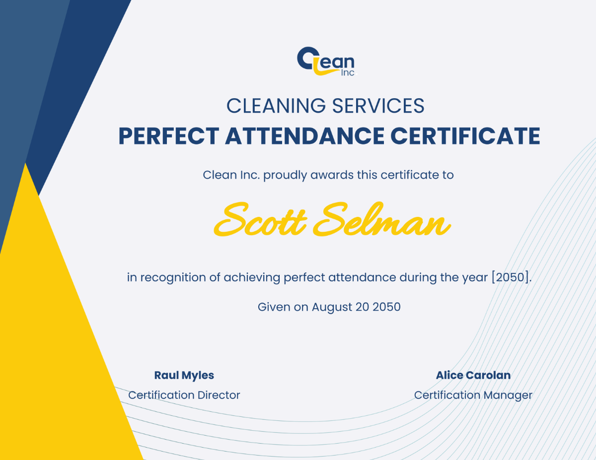 Cleaning Services Perfect Attendance Certificate Template - Edit Online & Download