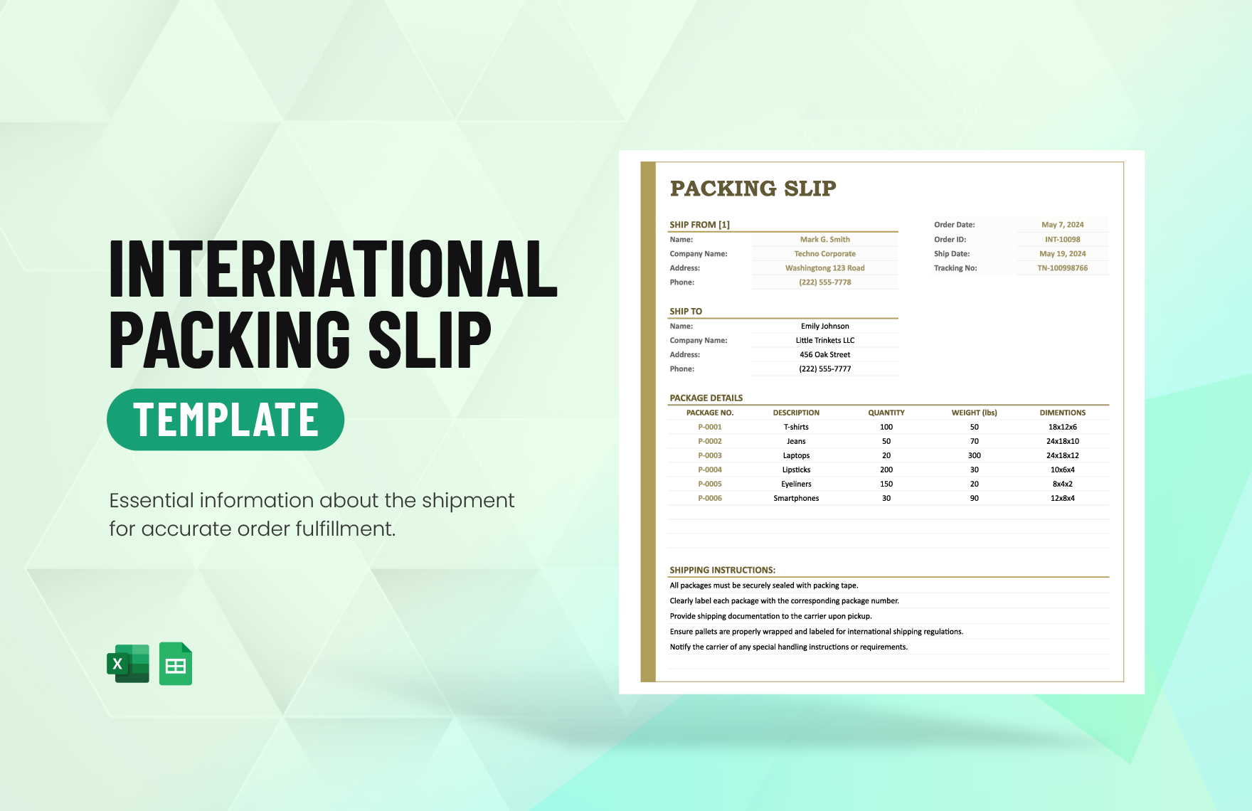 International Packing Slip Template in Excel, Google Sheets - Download | Template.net