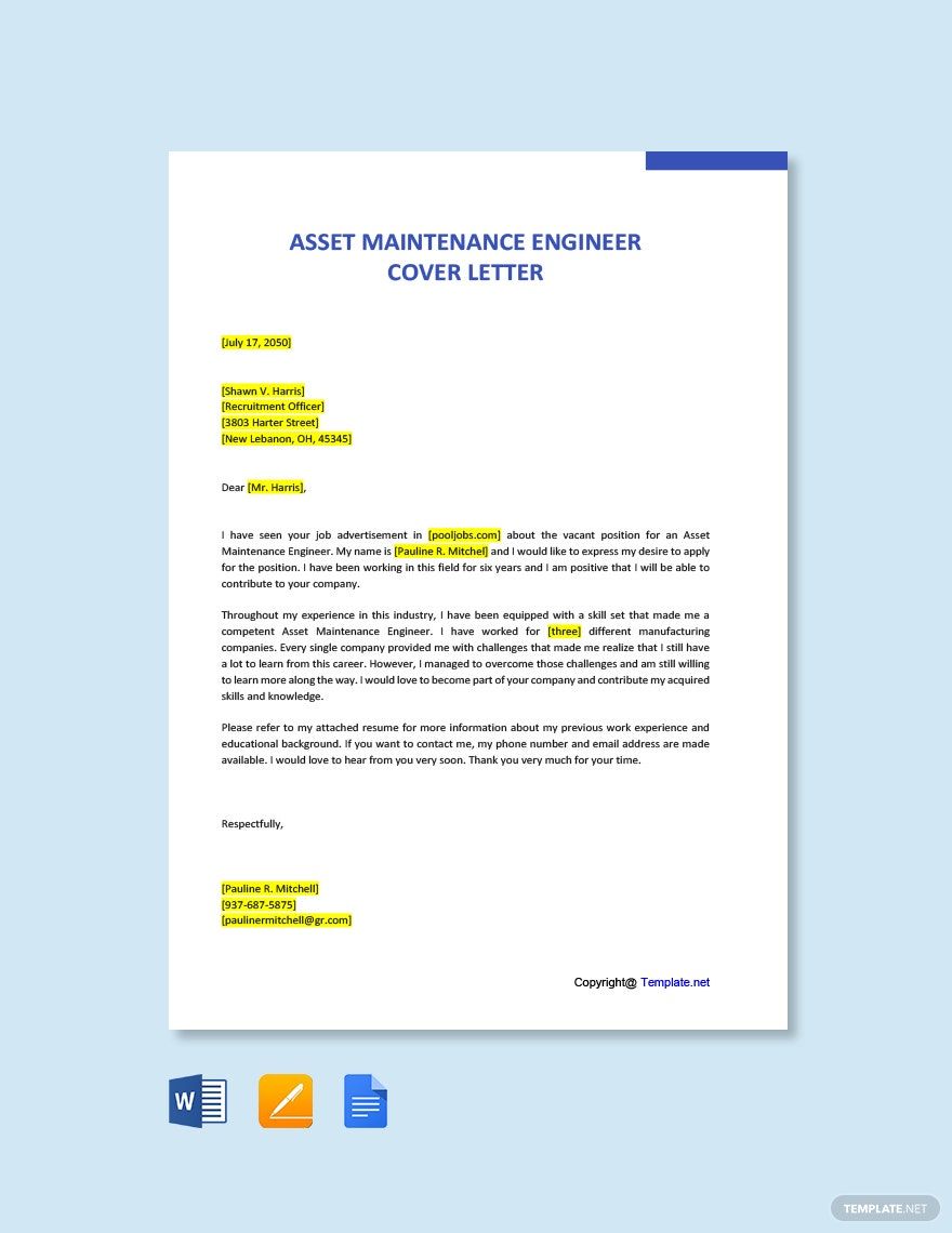 Asset Maintenance Engineer Cover Letter