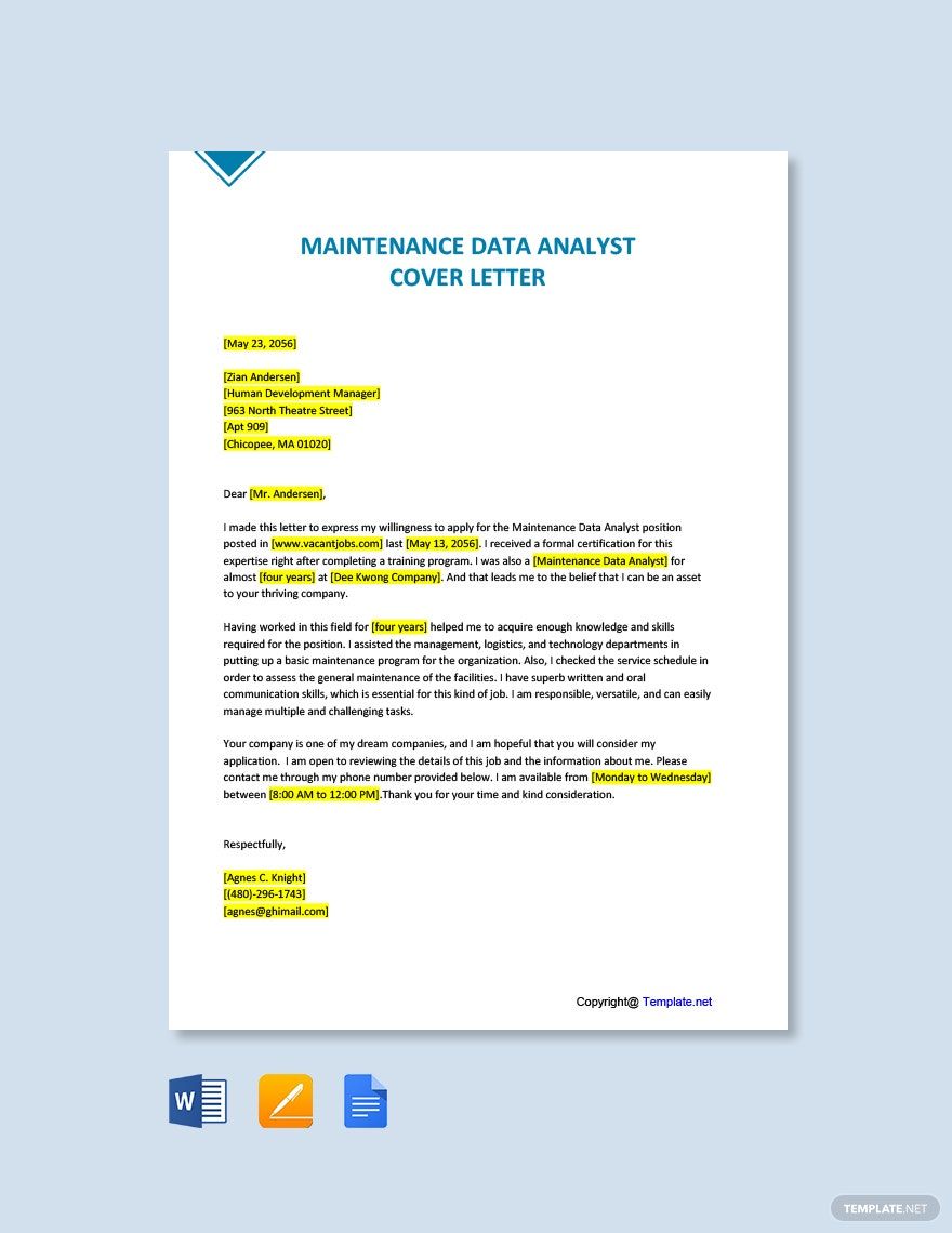 Maintenance Data Analyst Cover Letter