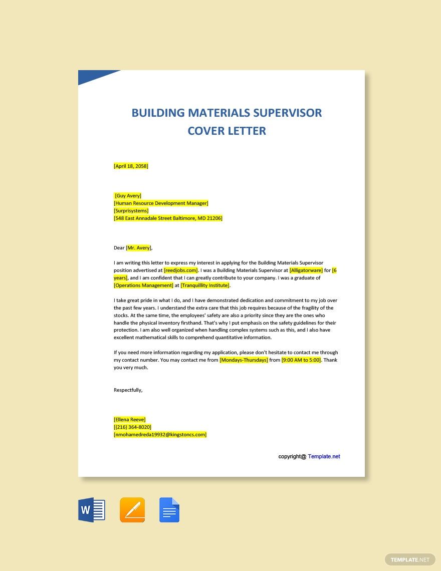 Building Materials Supervisor Cover Letter