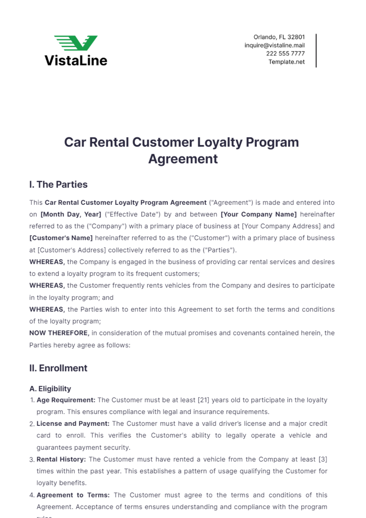 Free Car Rental Customer Loyalty Program Agreement Template