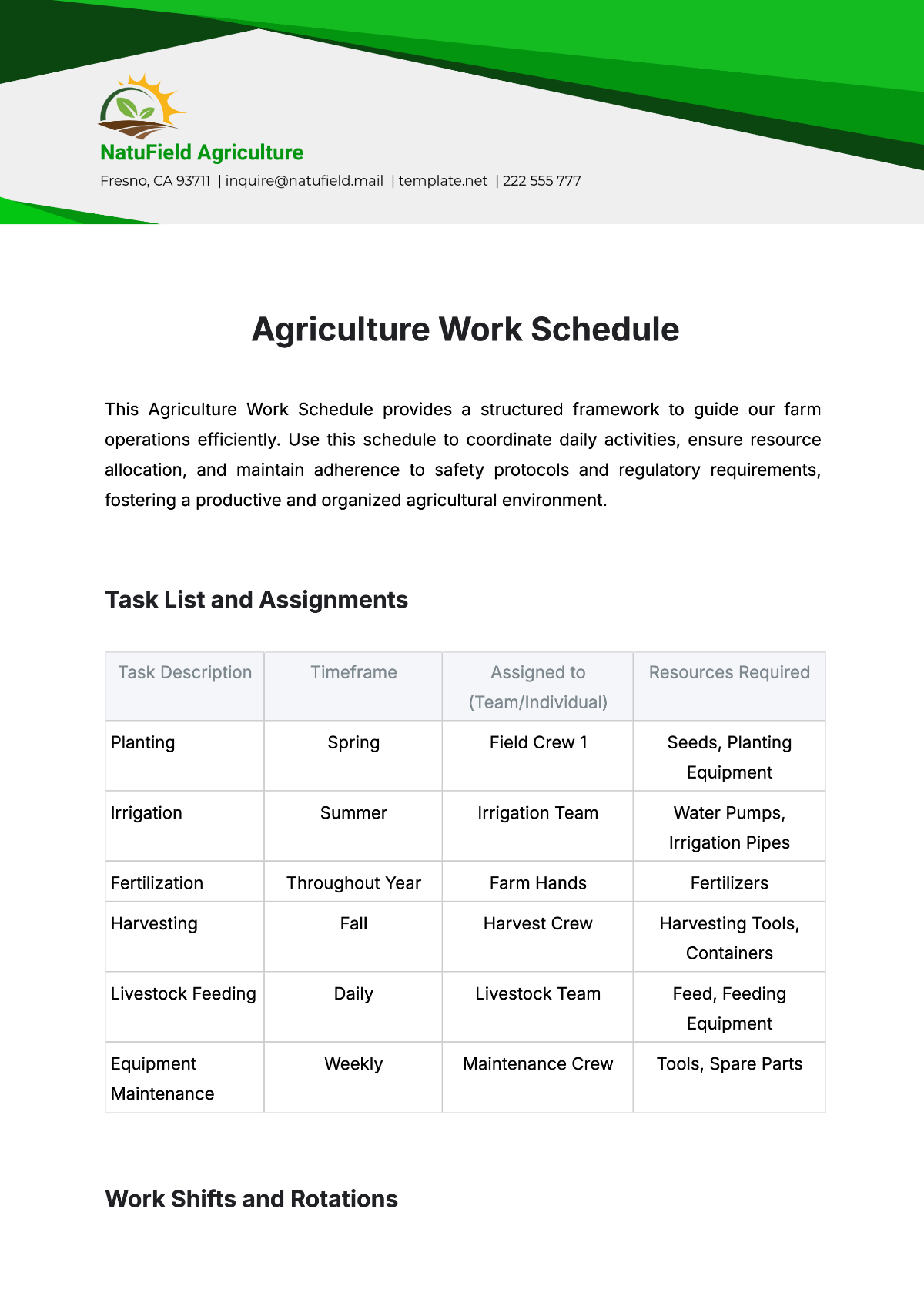 Agriculture Work Schedule Template - Edit Online & Download