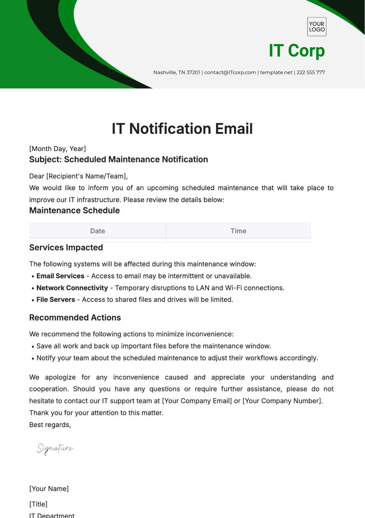 IT Notification Email Template - Edit Online & Download