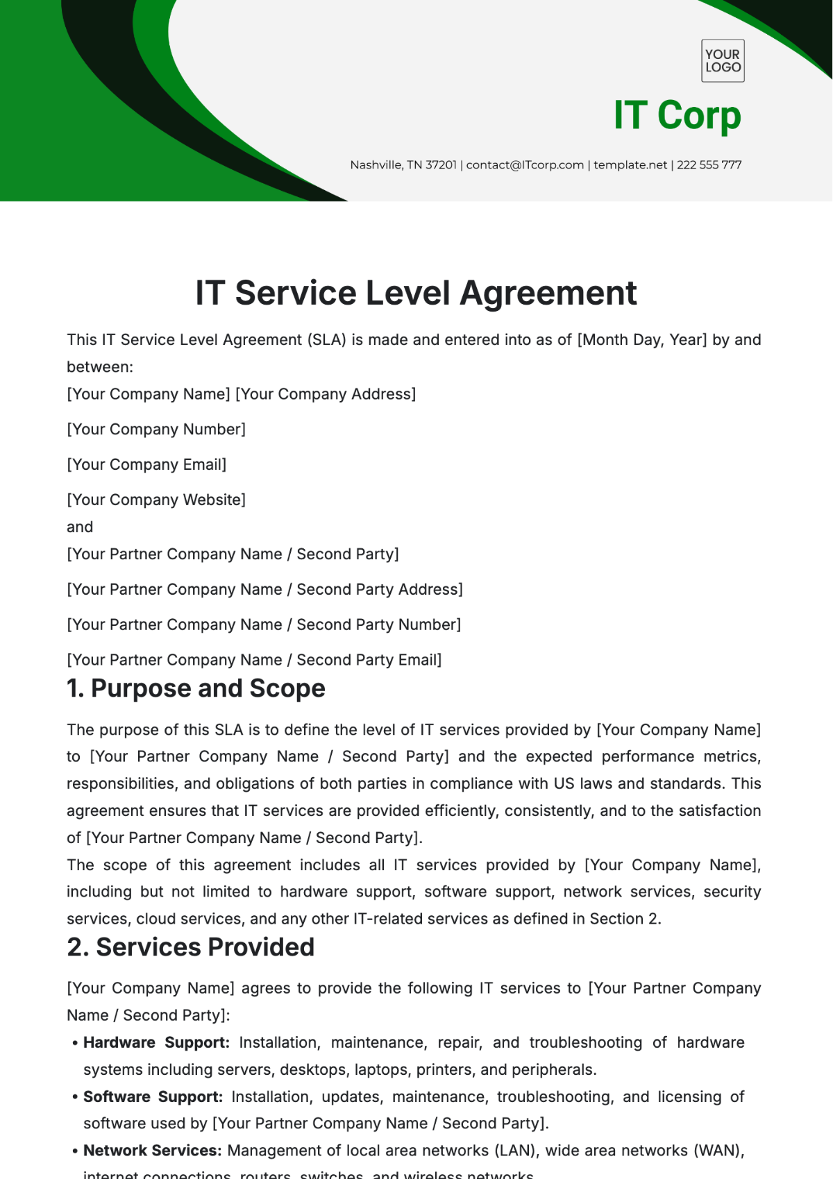 IT Service Level Agreement Template - Edit Online & Download