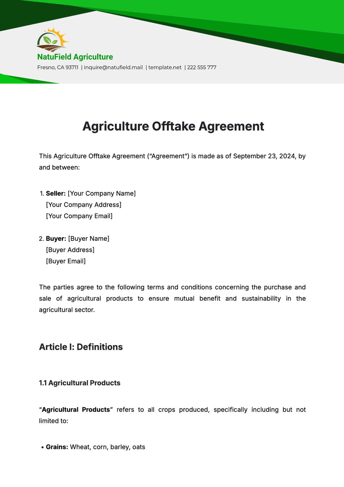 Agriculture Offtake Agreement Template - Edit Online & Download