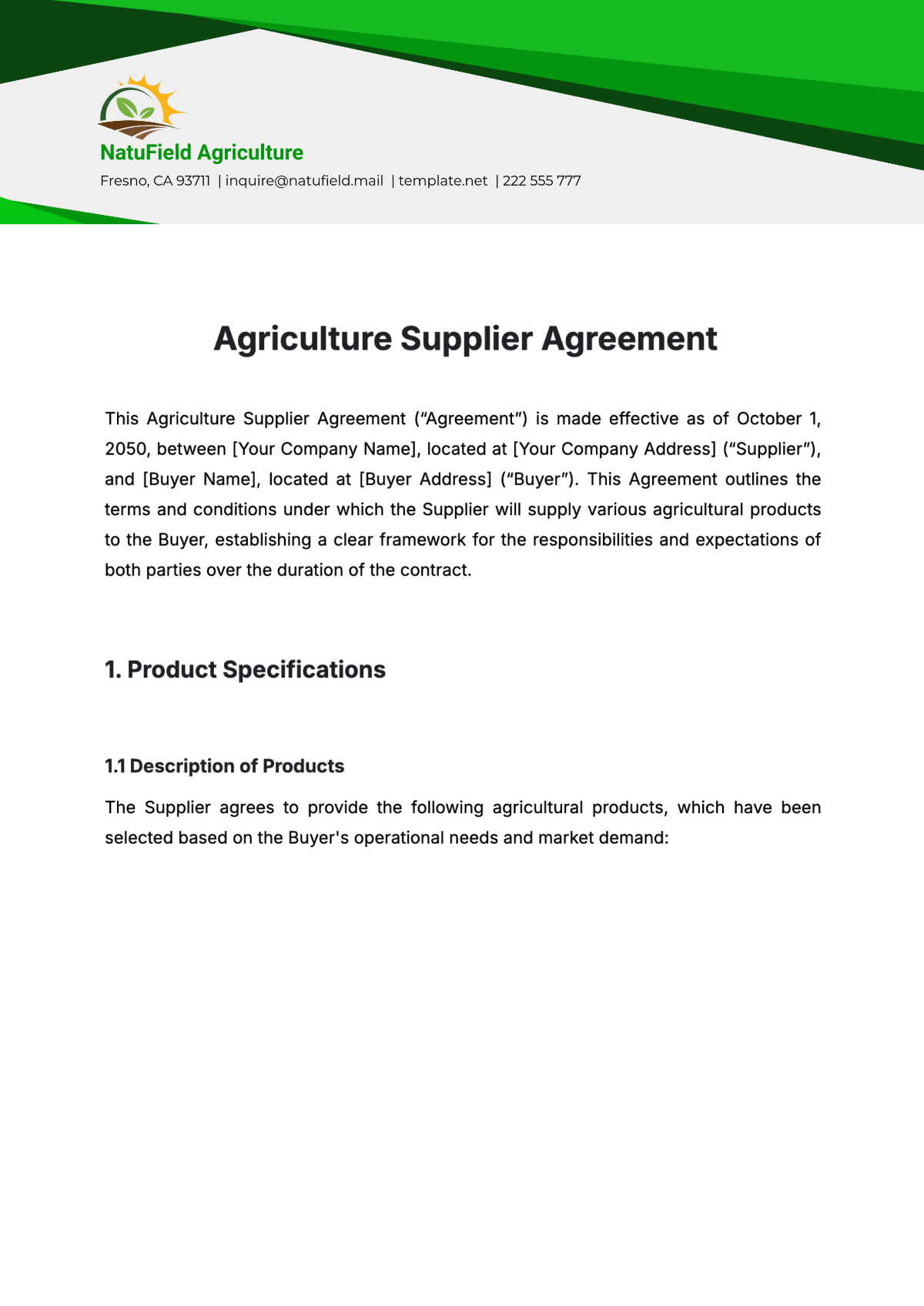 Agriculture Supplier Agreement Template - Edit Online & Download