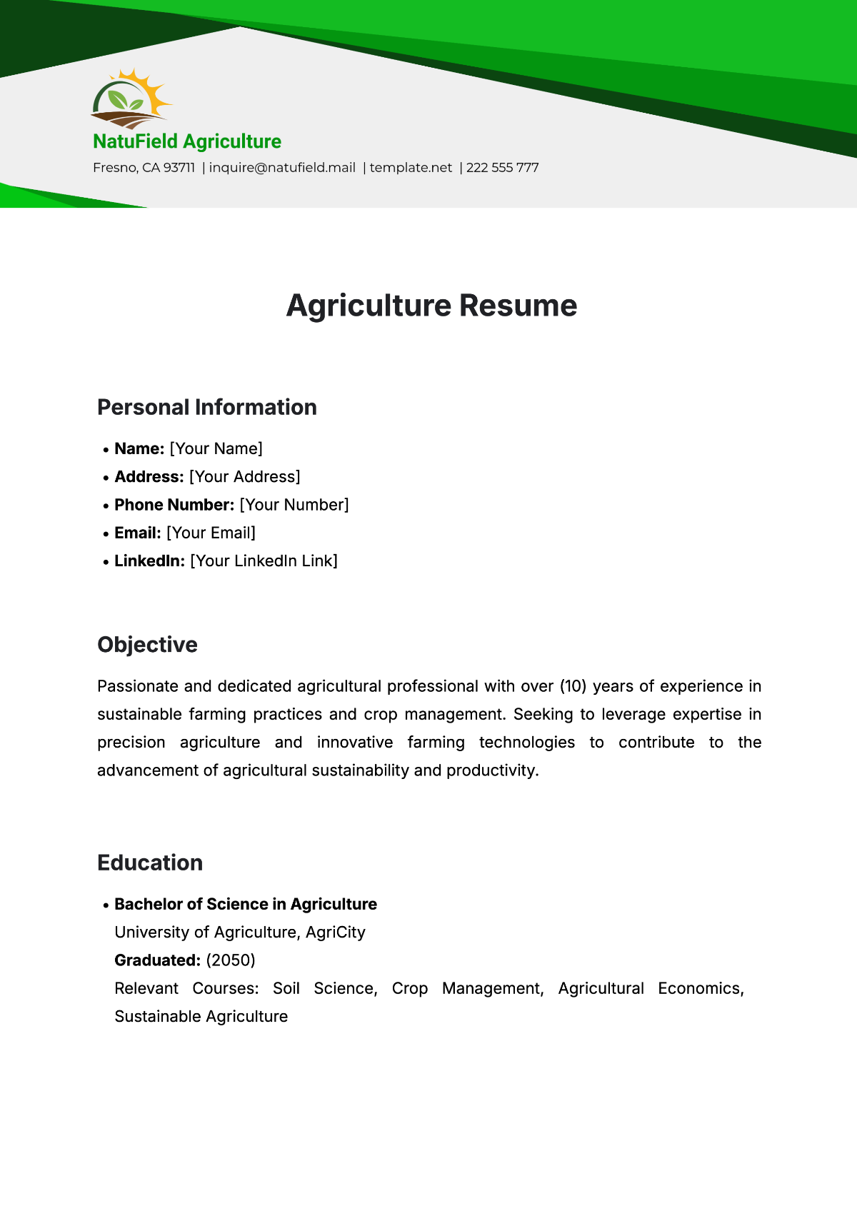 Agriculture Resume Template - Edit Online & Download