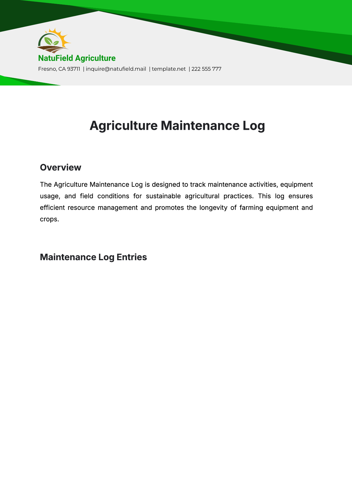 Agriculture Maintenance Log Template - Edit Online & Download