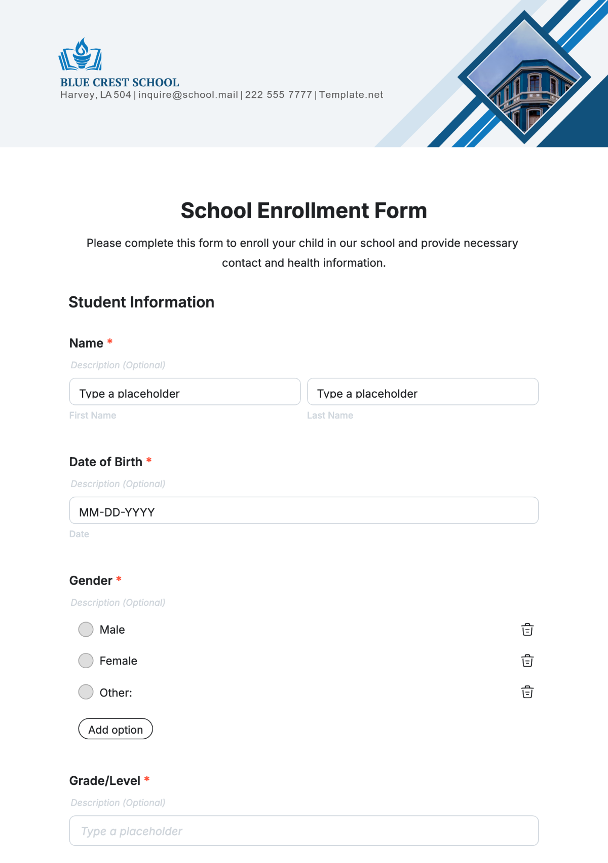 School Enrollment Form Template - Edit Online & Download