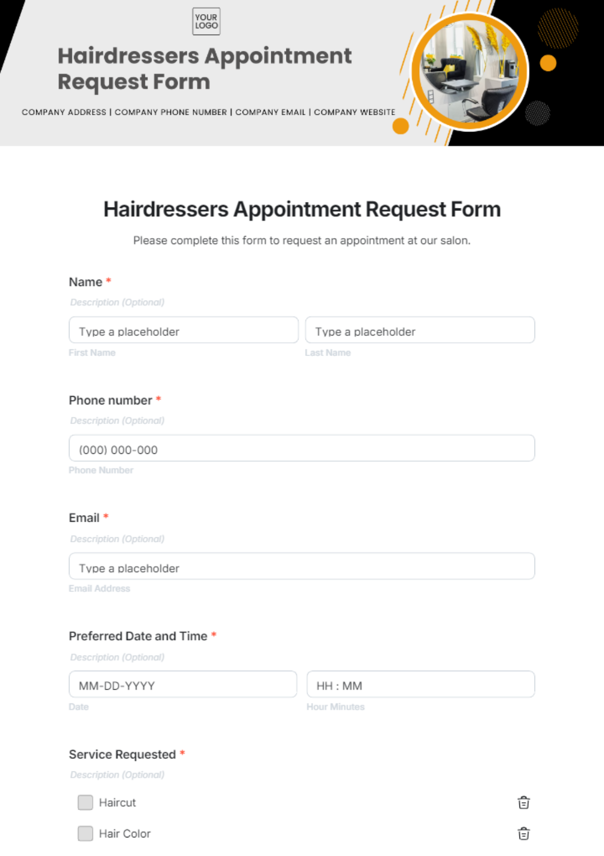 Free Hairdressers Appointment Request Form Template