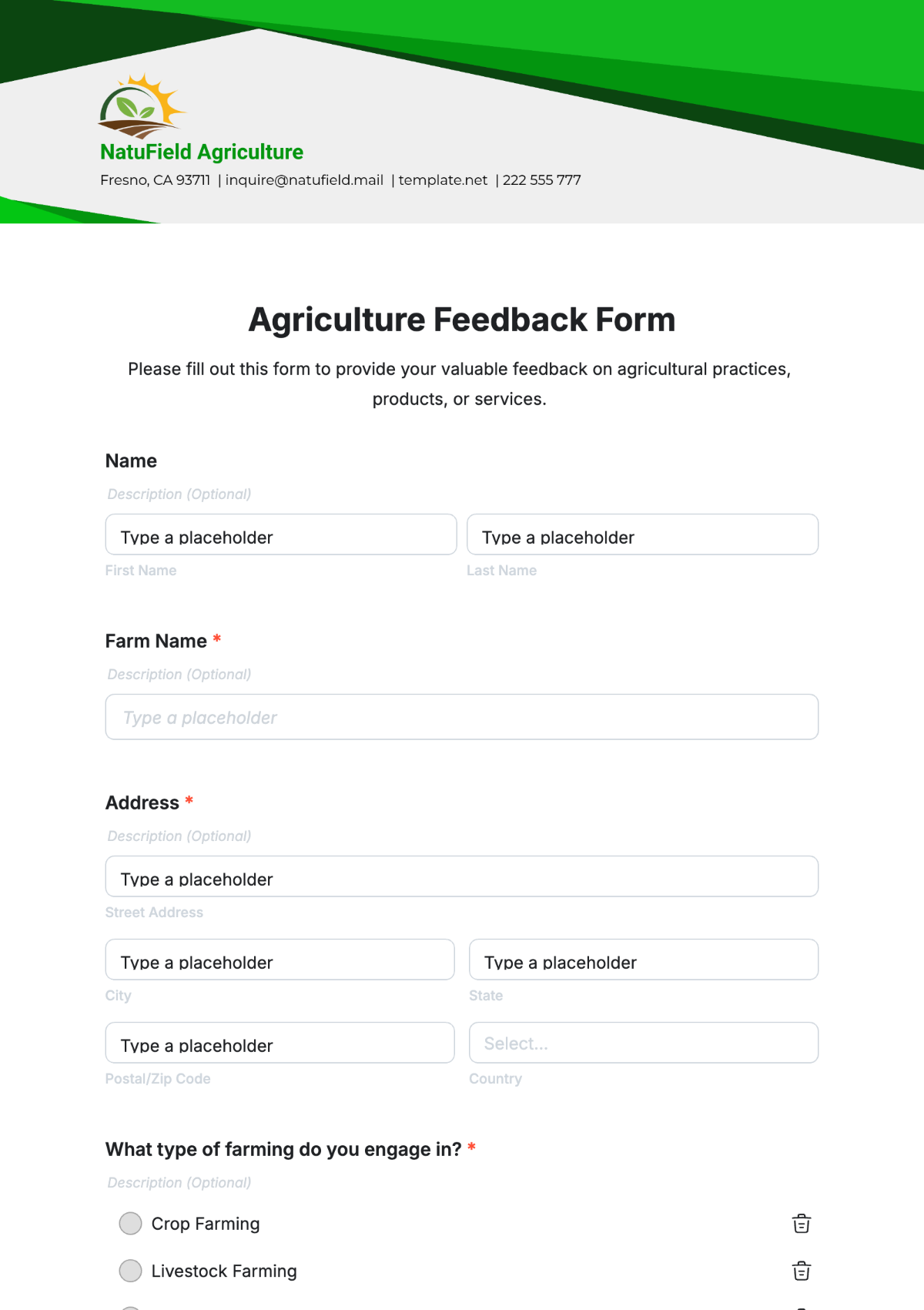 Agriculture Feedback Form Template - Edit Online & Download