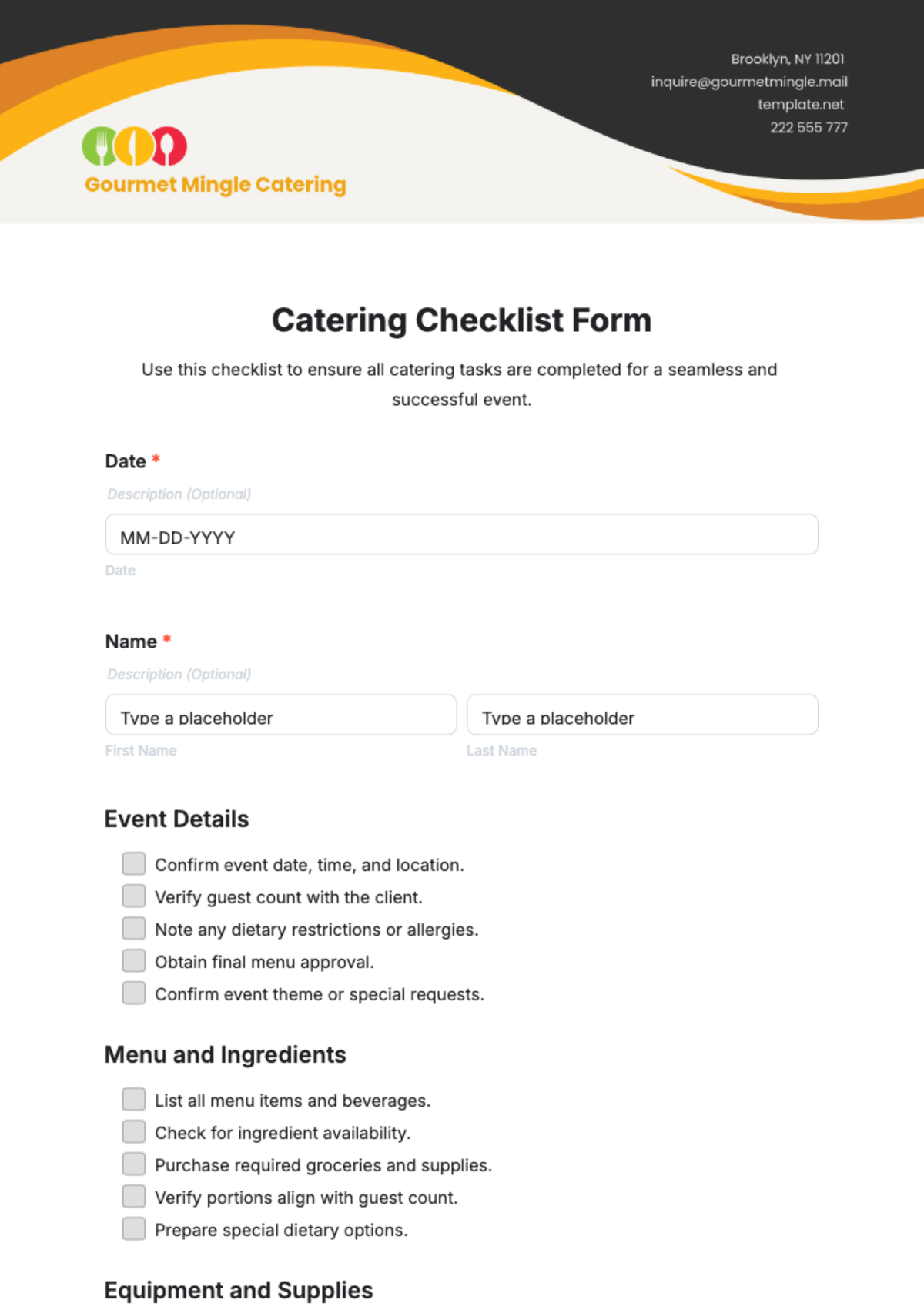 Catering Checklist Form Template - Edit Online & Download