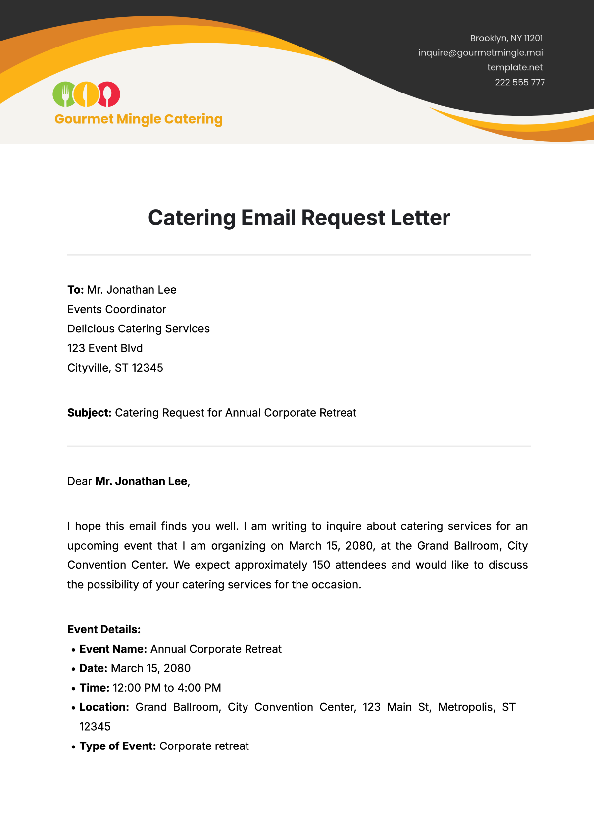 Catering Email Request Letter Template - Edit Online & Download