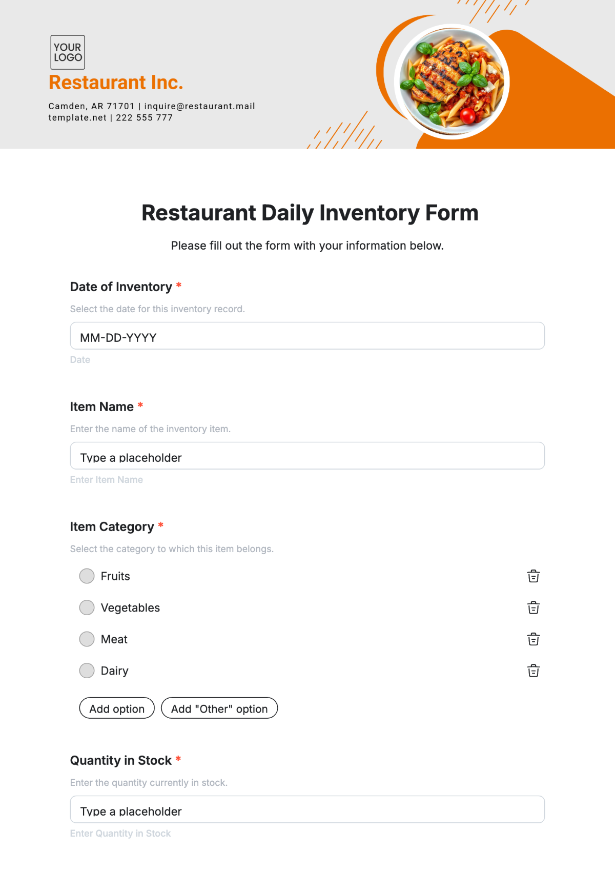 Free Restaurant Daily Inventory Form Template