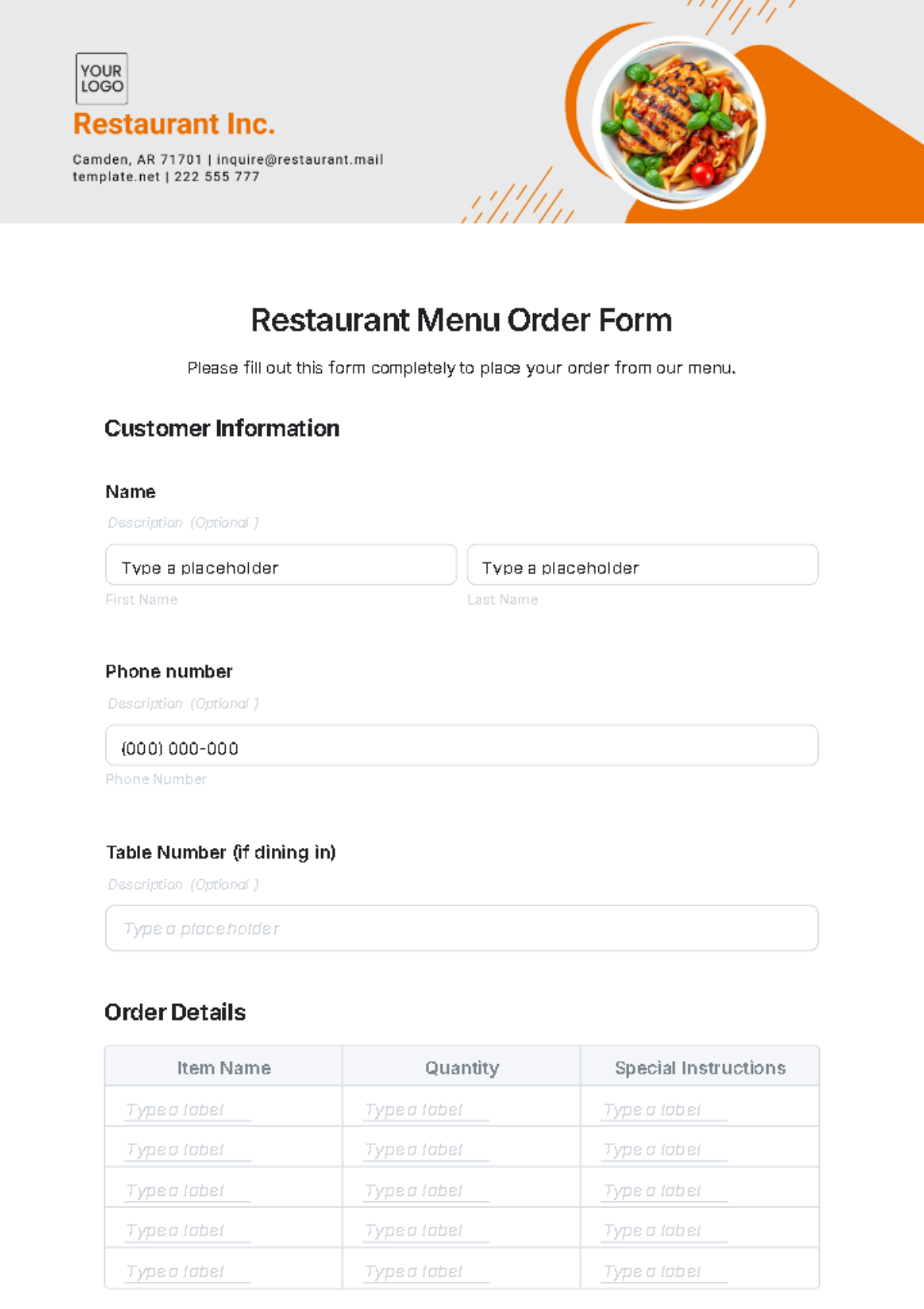 Free Restaurant Menu Order Form Template