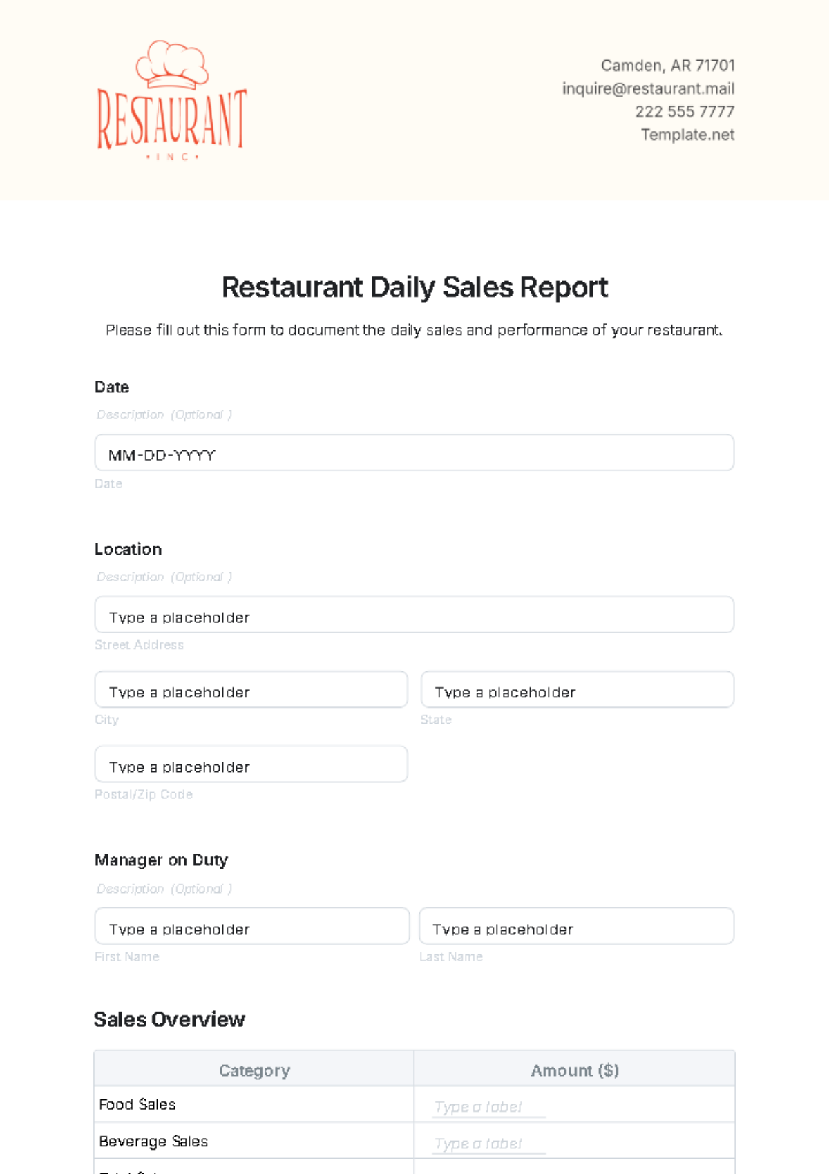 Free Restaurant Daily Sales Report Template