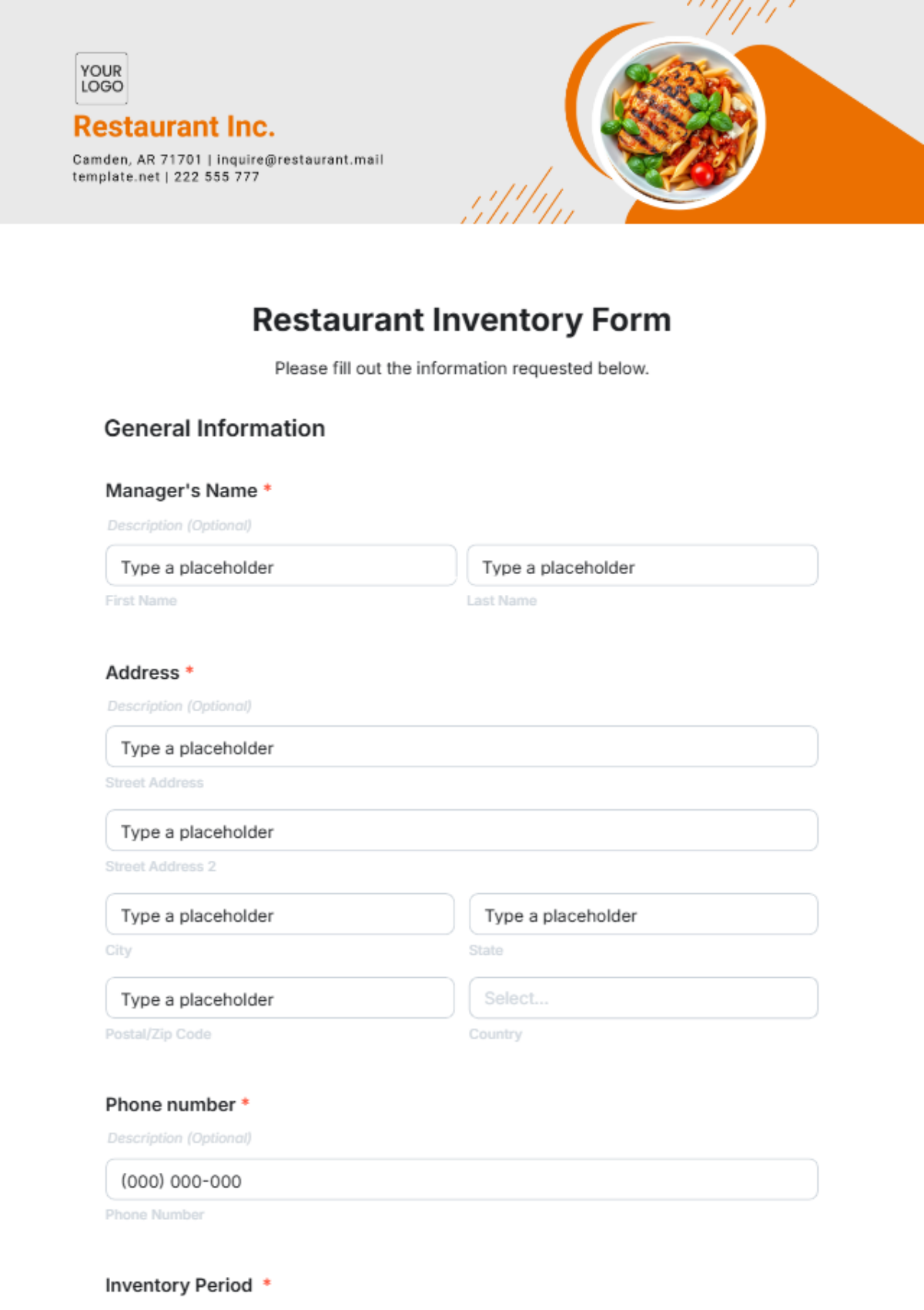 Free Restaurant Inventory Form Template