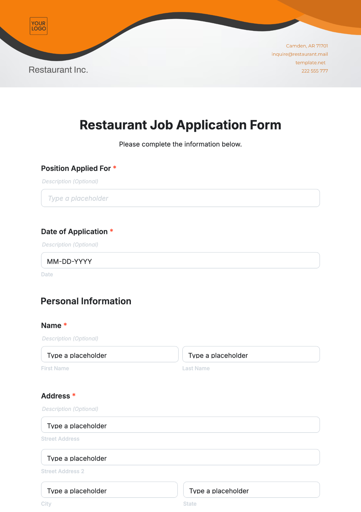 Free Restaurant Job Application Form Template