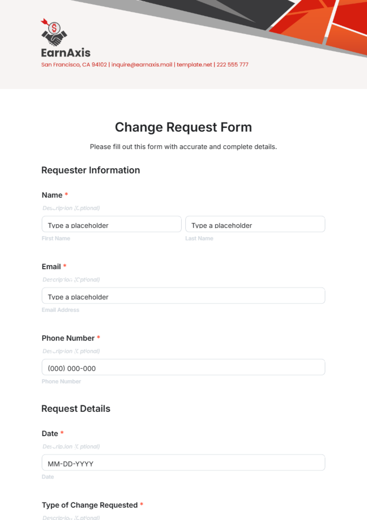 Free Change Request Form Template