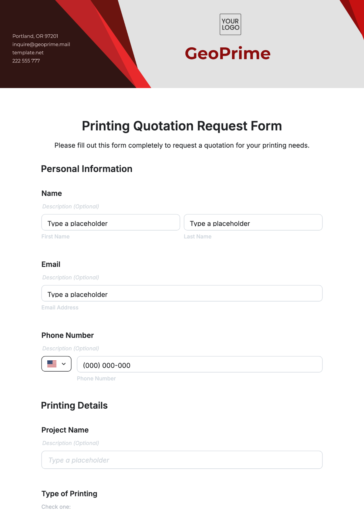 Free Printing Quotation Request Form Template