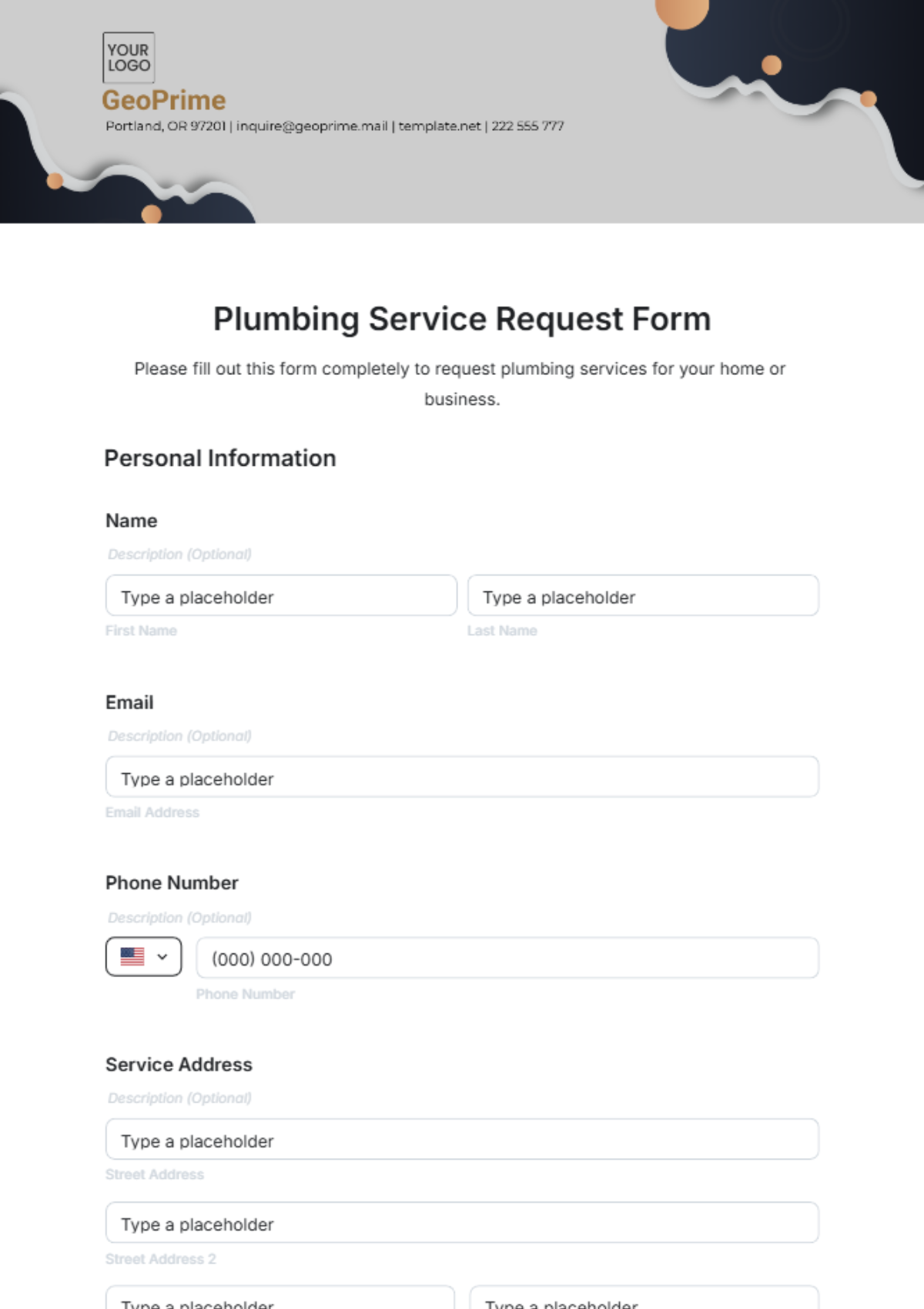 Free Plumbing Service Request Form Template