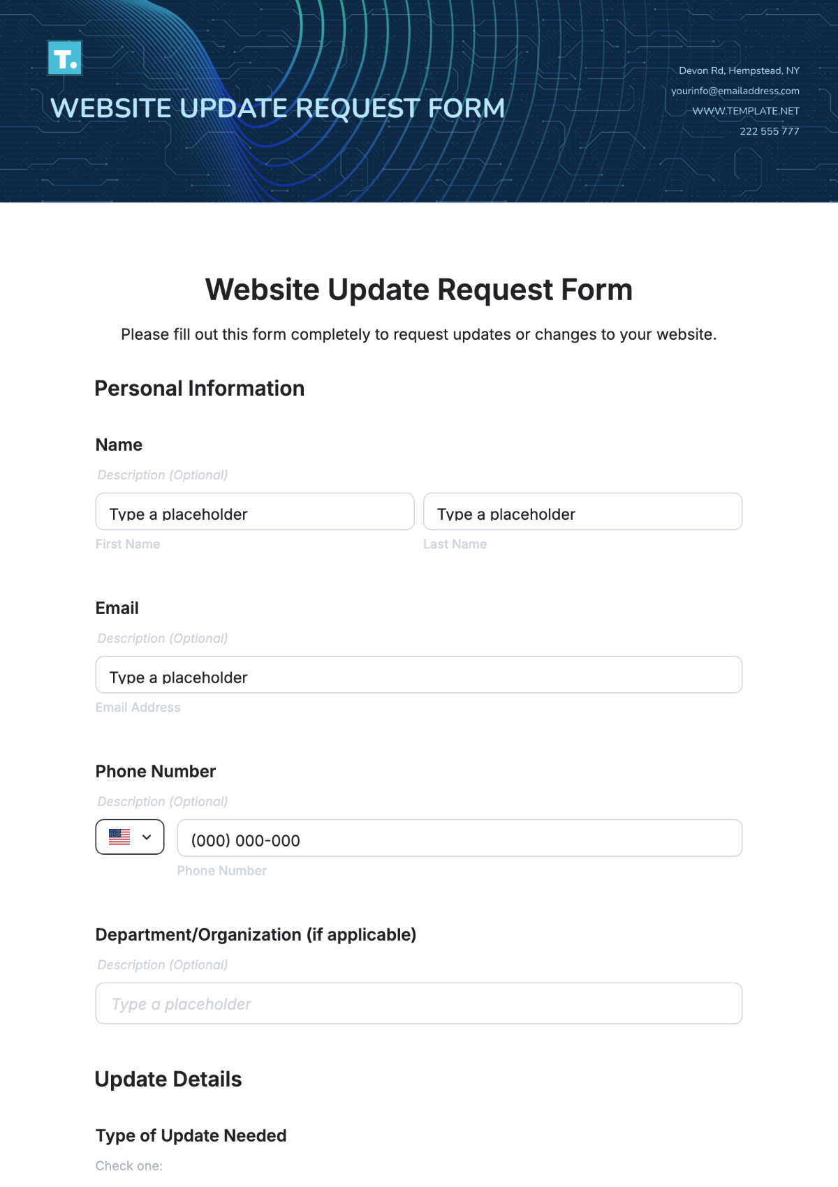 Free Website Update Request Form Template