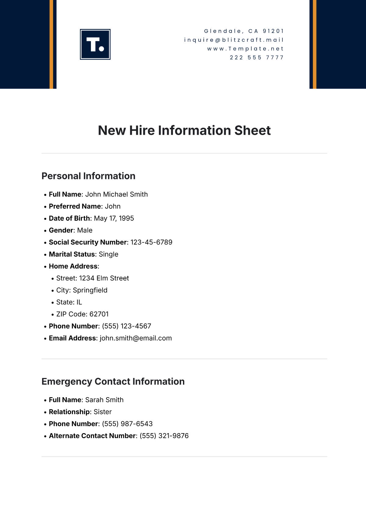 New Hire Information Sheet Template - Edit Online & Download