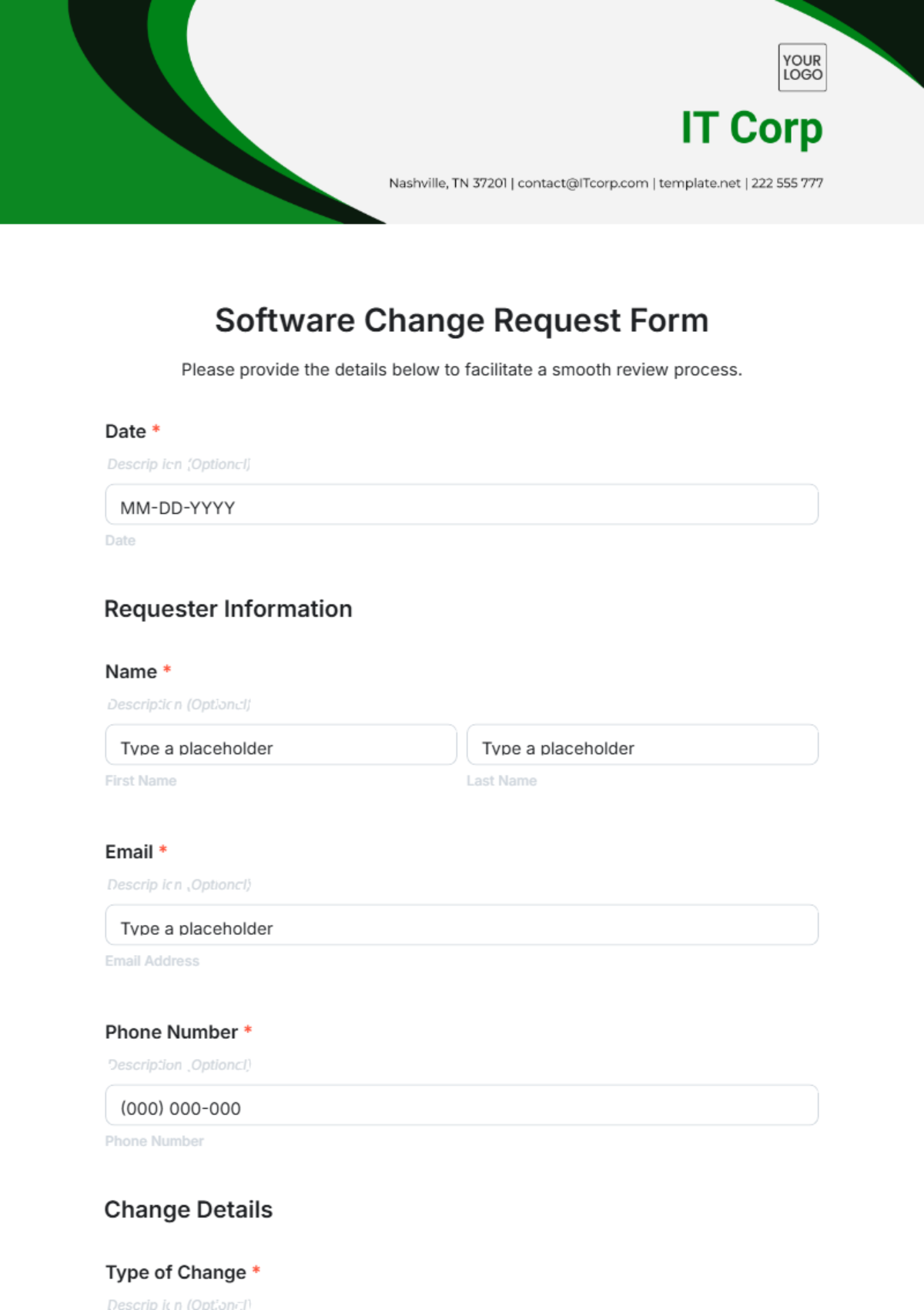 Free Software Change Request Form Template