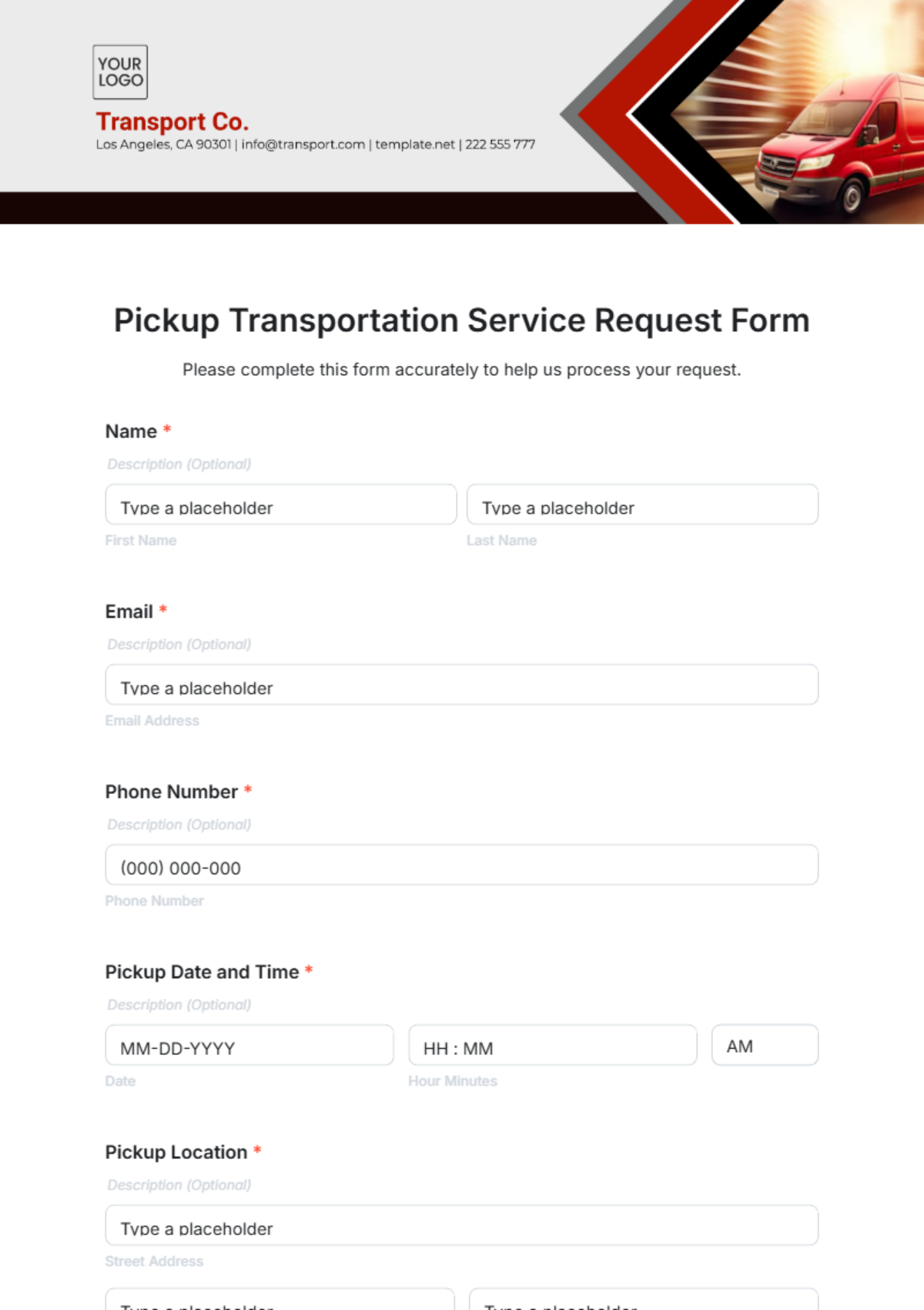 Free Pickup Transportation Service Request Form Template