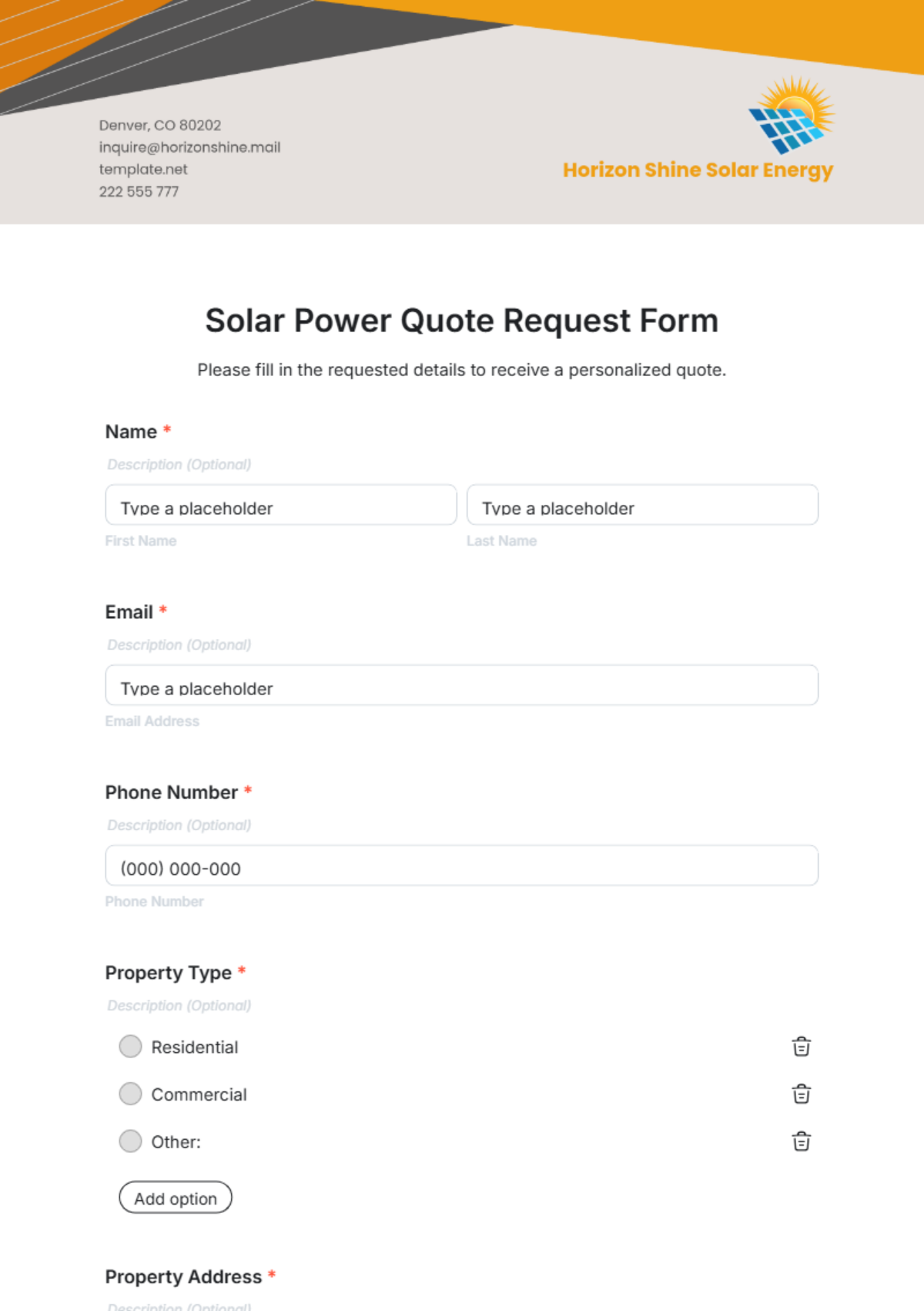 Free Solar Power Quote Request Form Template