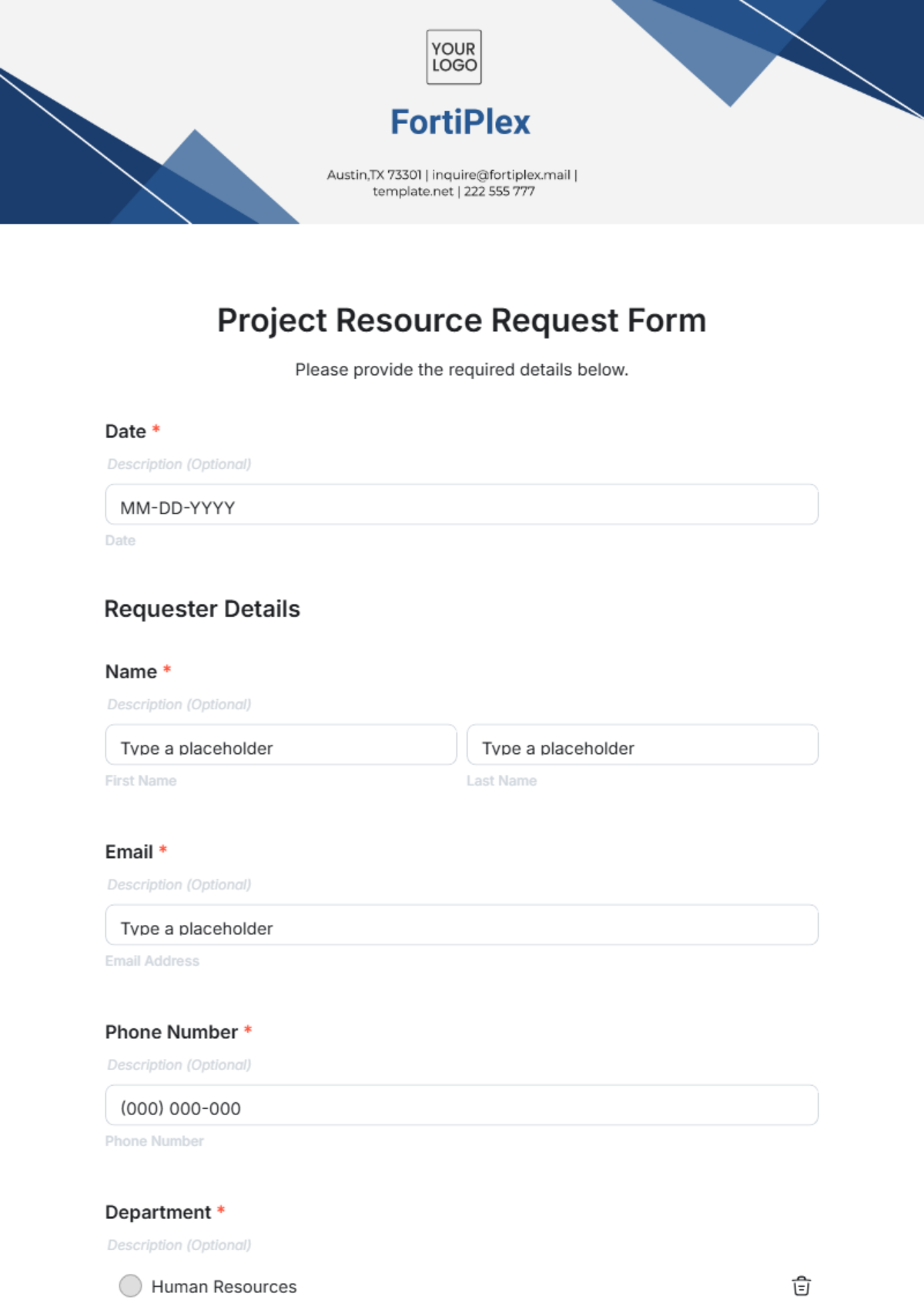 Free Project Resource Request Form Template