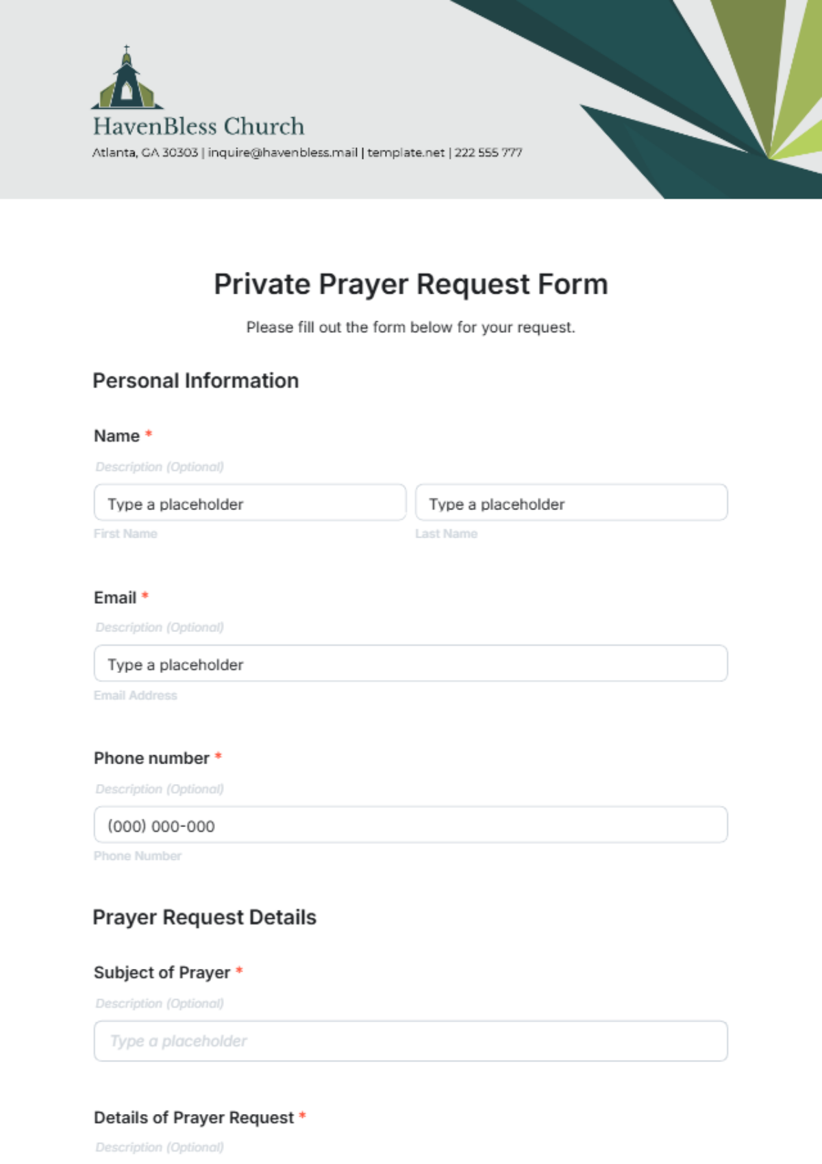 Free Private Prayer Request Form Template