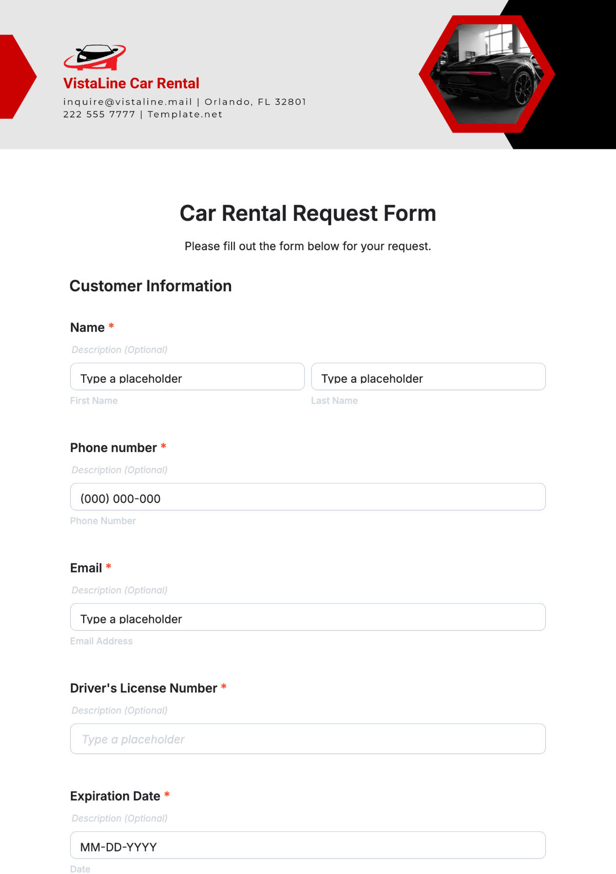 Free Car Rental Request Form Template