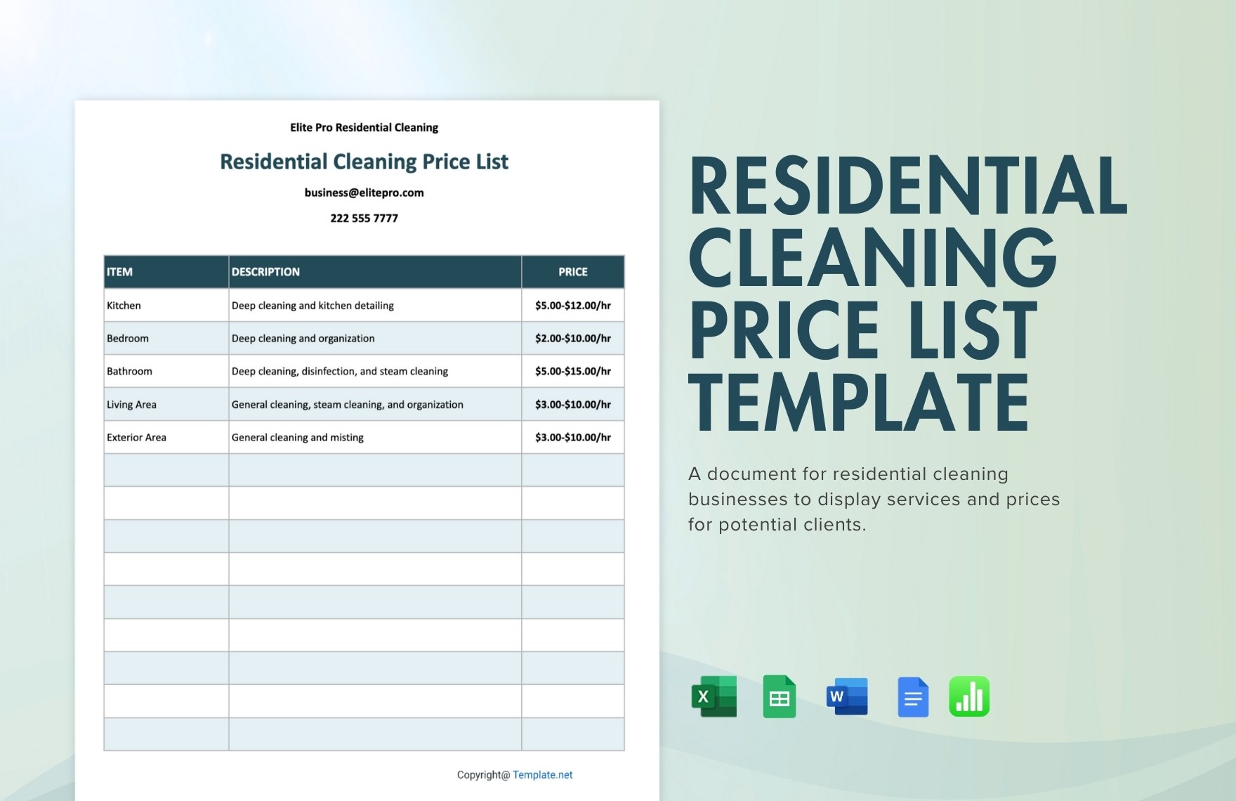 Residential Cleaning Price List Template in Excel, Google Sheets, Apple Numbers, Word, Google Docs - Download | Template.net