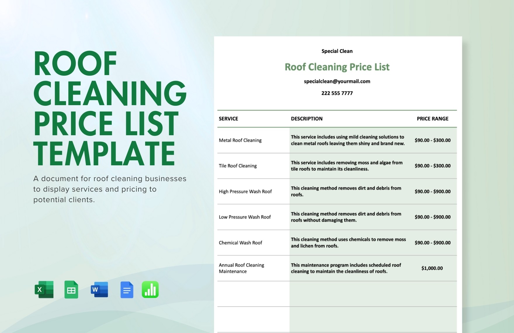 Roof Cleaning Price List Template in Excel, Google Sheets, Apple Numbers, Word, Google Docs - Download | Template.net