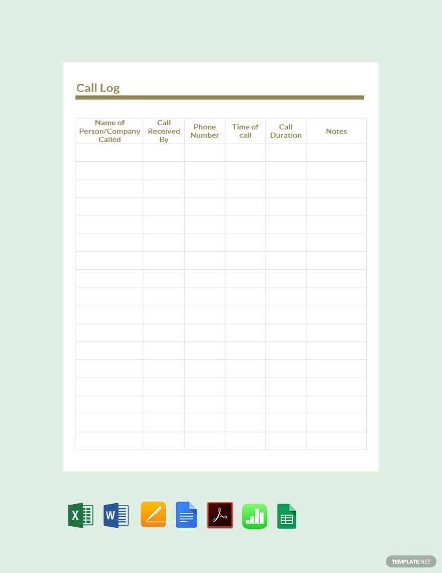 Sample Call Log Template in Excel, Word, Pages, Apple Numbers, PDF, Google Docs - Download | Template.net