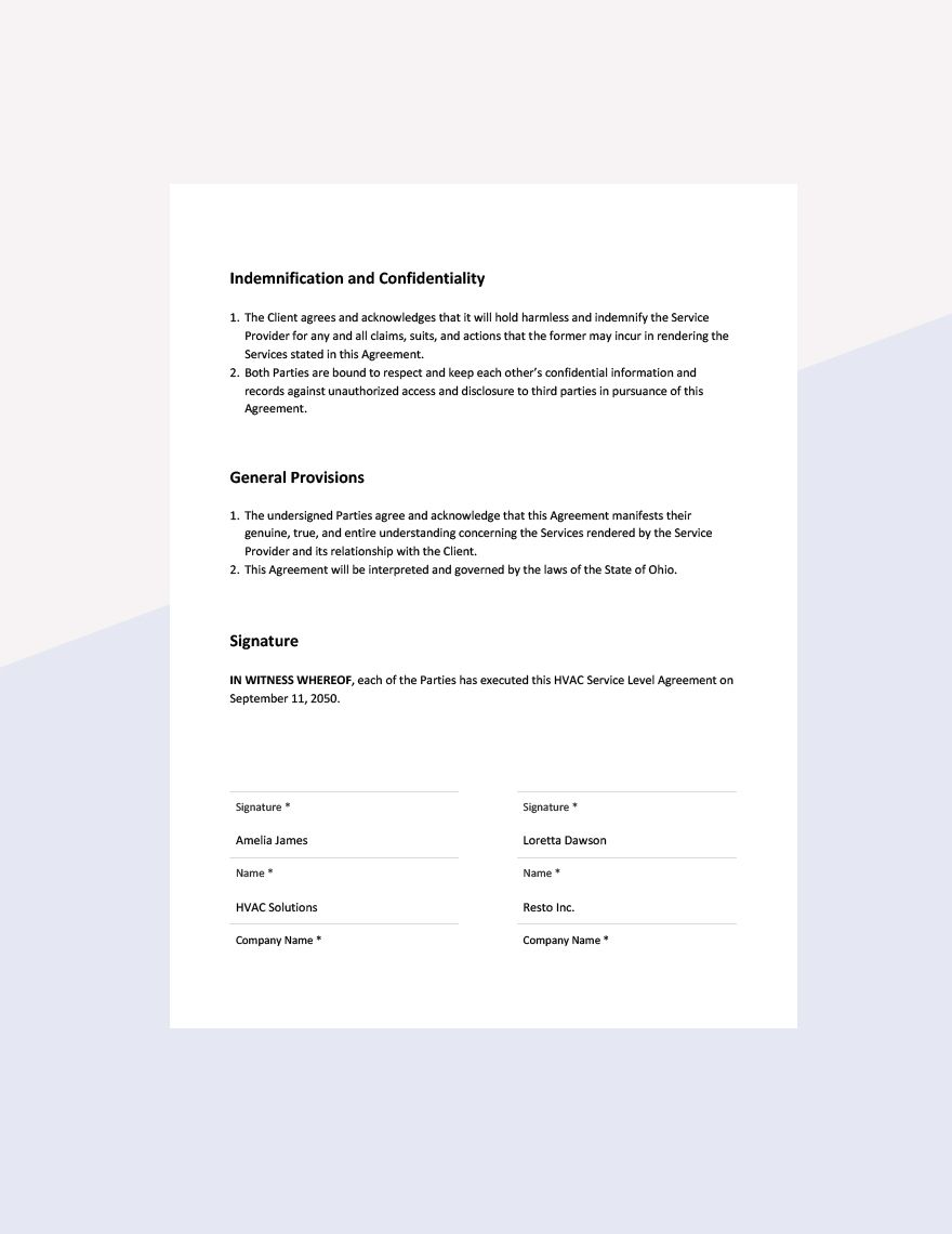 HVAC Service Level Agreement Template