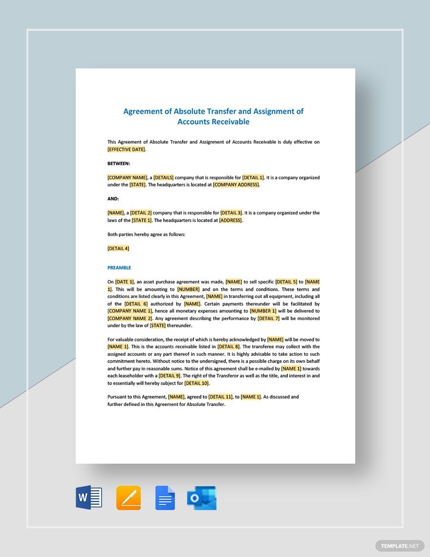 Agreement of Absolute Transfer and Assignment of Accounts Receivable Template in Google Docs, Word, Pages, Outlook, PDF - Download | Template.net