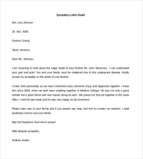 sample sympathy letter death template download