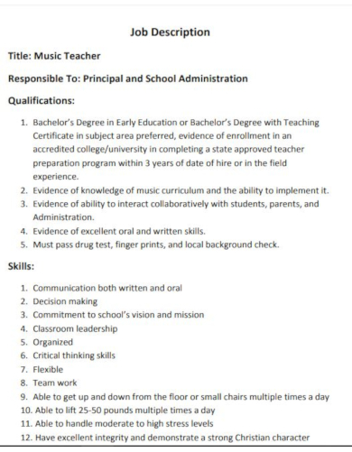 job description for music teacher download