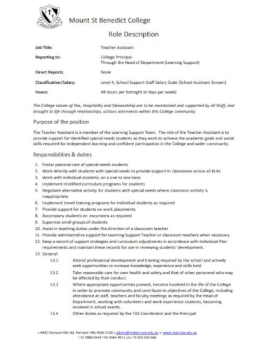 simple teacher job description template