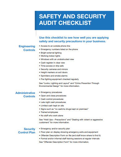 safety and security audit checklist example