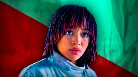 Amandla Stenberg in Star Wars: The Acolyte on a green and red background