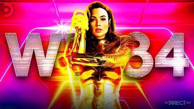 Wonder Woman in her golden armor with her logo behind her