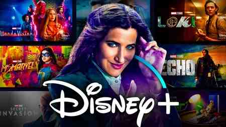 Agatha All Along, Disney Plus logo, marvel show posters in background