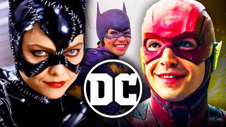 Leslie Grace as Batgirl, DC logo, Michelle Pfeiffer as Catwoman, Ezra Miller as Flash